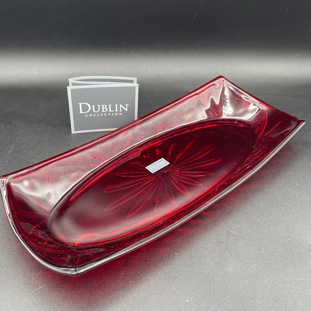 Godinger Shannon Dublin Ruby Red Crystal 12" Oval Serving Tray New In Box